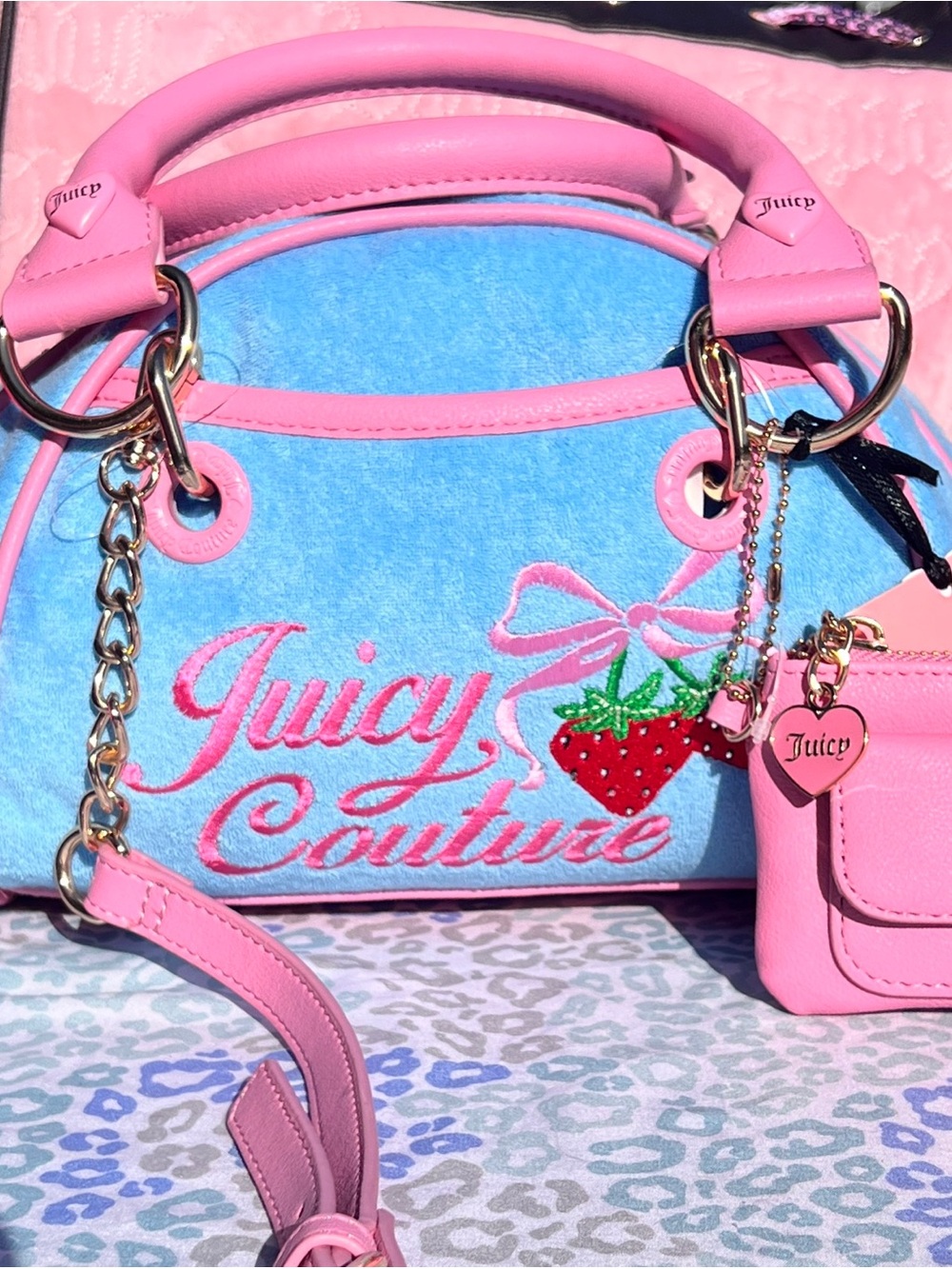 New Blue Juicy Couture Purse Bowler Bag Handbag Satchel Strawberry Terry Cloth